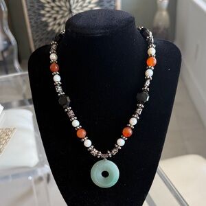 Handcrafted Green Jade Donut Pendant Necklace with Orange and White Pearls.